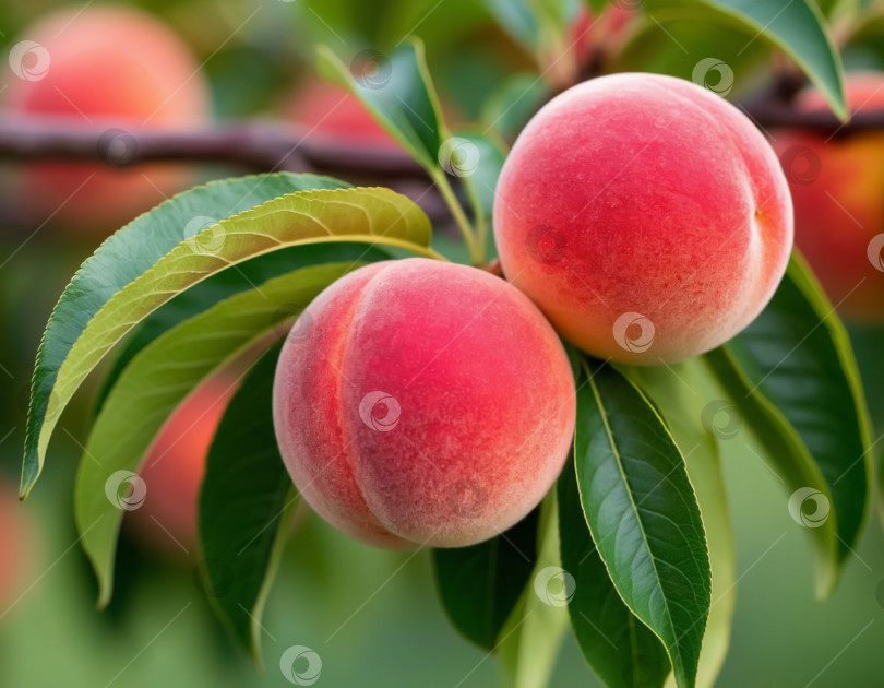 Скачать На ветке в саду созревают персики. Фермерство и агротехника. Создано искусственным интеллектом. фотосток Ozero