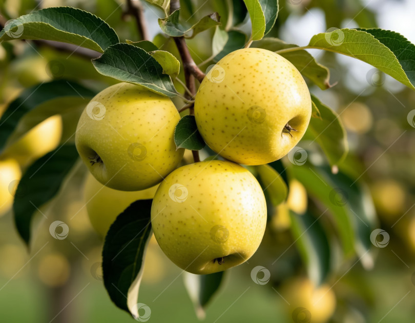 Скачать Желтые яблоки на ветке в саду. Создан искусственный интеллект. фотосток Ozero