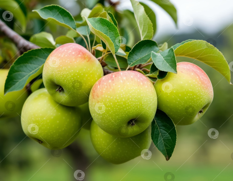 Скачать Зеленые яблоки на ветке в саду. Создан искусственный интеллект. фотосток Ozero