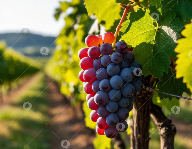 Скачать Виноградная гроздь на виноградной лозе в винограднике крупным планом. Сельское хозяйство. Создано искусственным интеллектом. фотосток Ozero