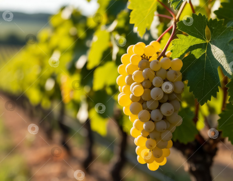 Скачать Гроздь белого винограда на винограднике крупным планом. Сельское хозяйство и виноделие. Создано с помощью искусственного интеллекта. фотосток Ozero