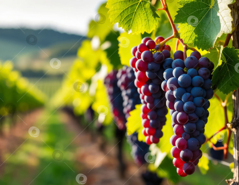 Скачать Виноградная гроздь на винограднике крупным планом. Сельское хозяйство и виноделие. Создано с помощью искусственного интеллекта. фотосток Ozero