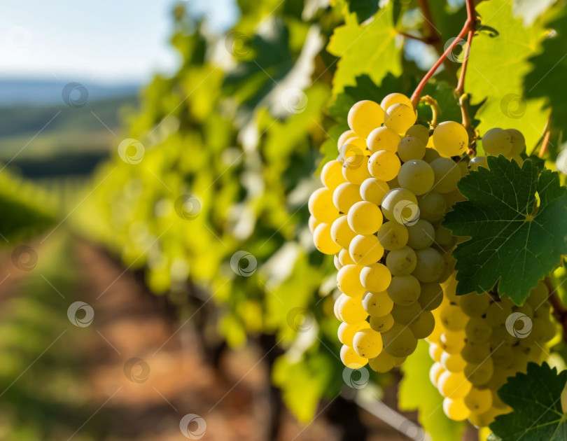 Скачать Гроздь белого винограда на винограднике крупным планом. Сельское хозяйство и виноделие. Создано с помощью искусственного интеллекта. фотосток Ozero