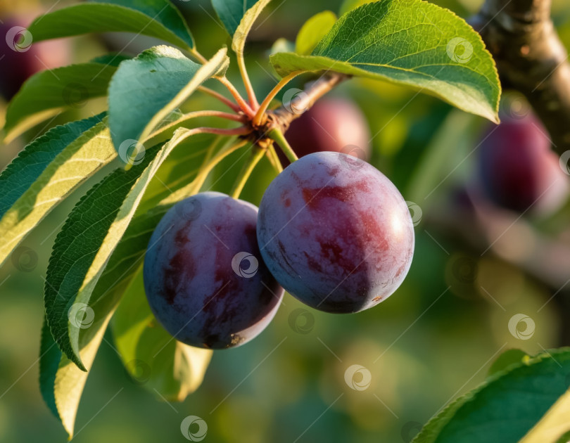 Скачать Спелые сливы на ветке в саду. Создано искусственным интеллектом. фотосток Ozero