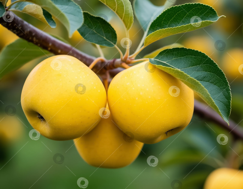 Скачать Желтые яблоки на ветке в саду. Создан искусственный интеллект. фотосток Ozero