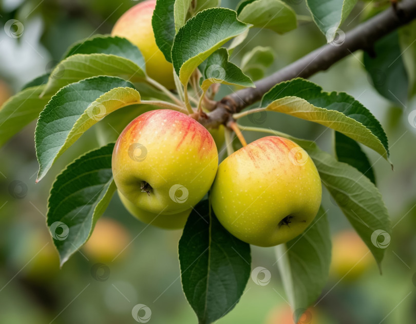 Скачать Желтые яблоки на ветке в саду. Создан искусственный интеллект. фотосток Ozero