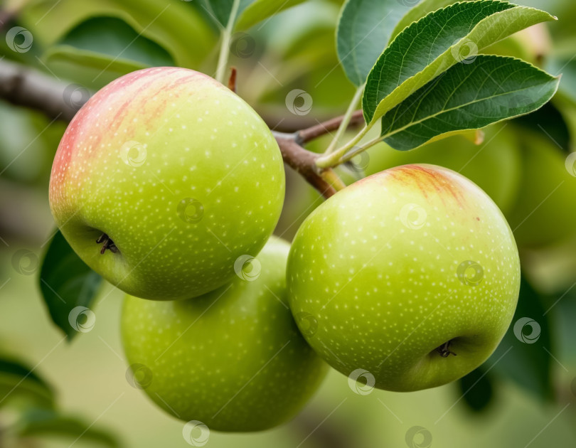 Скачать Зеленые яблоки на ветке в саду. Создан искусственный интеллект. фотосток Ozero
