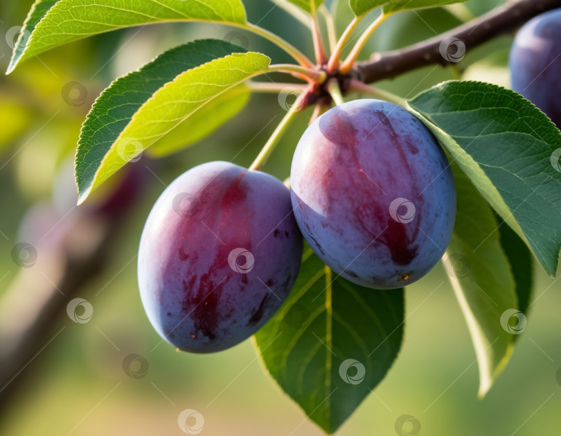 Скачать Спелые сливы на ветке в саду. Создано искусственным интеллектом. фотосток Ozero