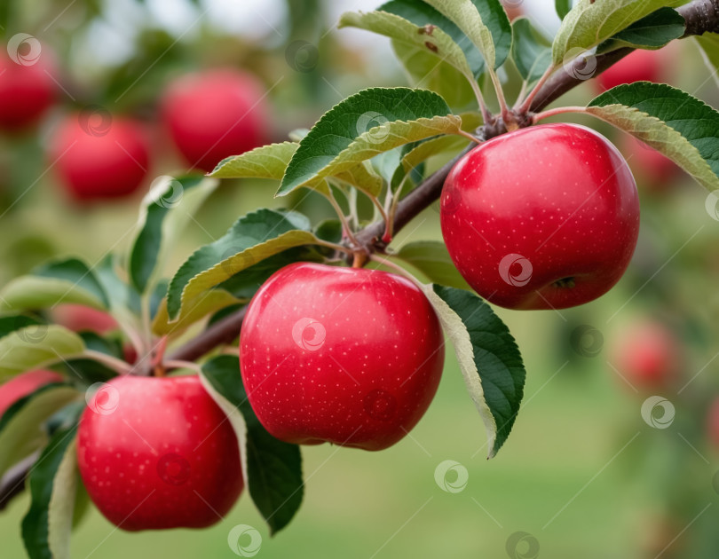 Скачать Красные яблоки на ветке в саду. Создан искусственный интеллект. фотосток Ozero