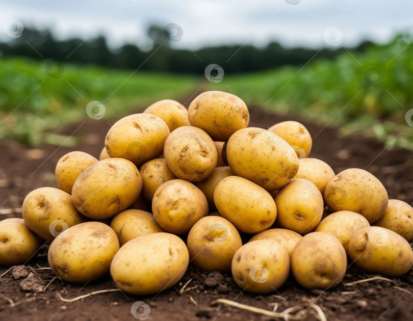 Скачать Груда картофеля на фоне фермерского поля, крупный план. Создан искусственный интеллект. фотосток Ozero