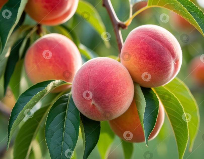 Скачать На ветке в саду созревают персики. Фермерство и агротехника. Создано искусственным интеллектом. фотосток Ozero