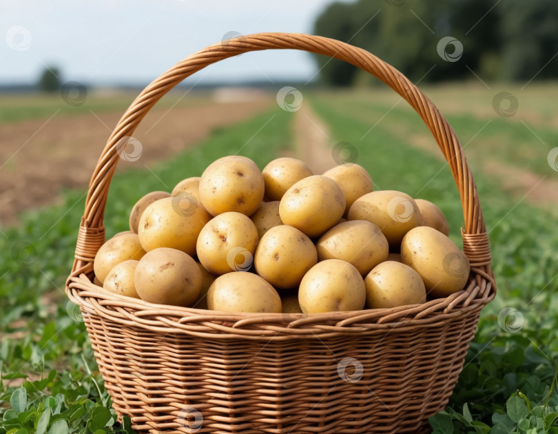 Скачать Картофель в корзине на фоне фермерского поля, крупный план. Создан искусственный интеллект. фотосток Ozero