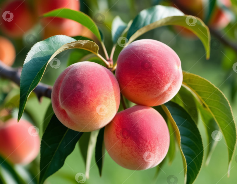 Скачать На ветке в саду созревают персики. Фермерство и агротехника. Создано искусственным интеллектом. фотосток Ozero
