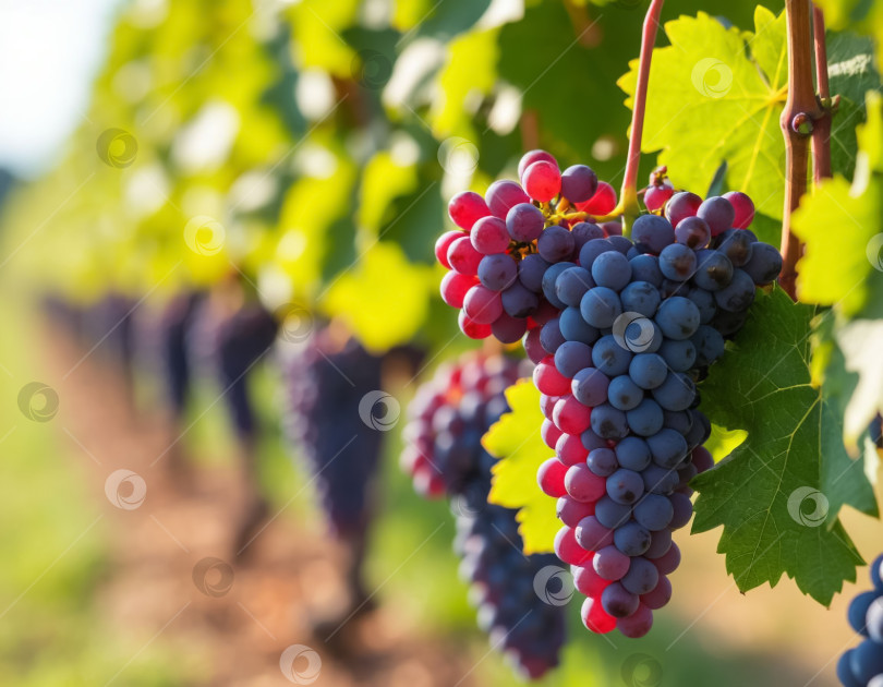 Скачать Виноградная гроздь на винограднике крупным планом. Сельское хозяйство и виноделие. Создано искусственным интеллектом. фотосток Ozero