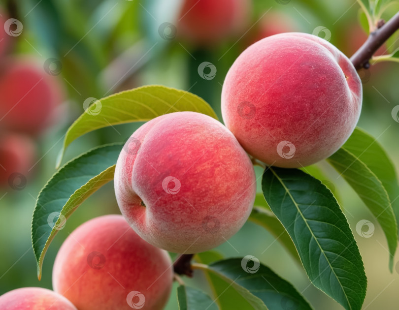 Скачать На ветке в саду созревают персики. Фермерство и агротехника. Создано искусственным интеллектом. фотосток Ozero