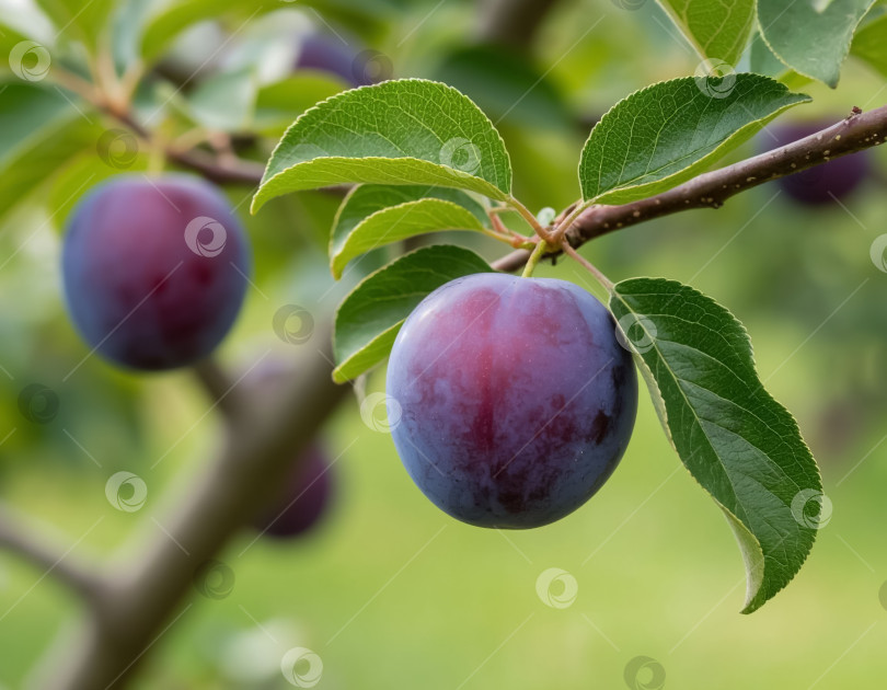 Скачать Спелые сливы на ветке в саду. Создано искусственным интеллектом. фотосток Ozero