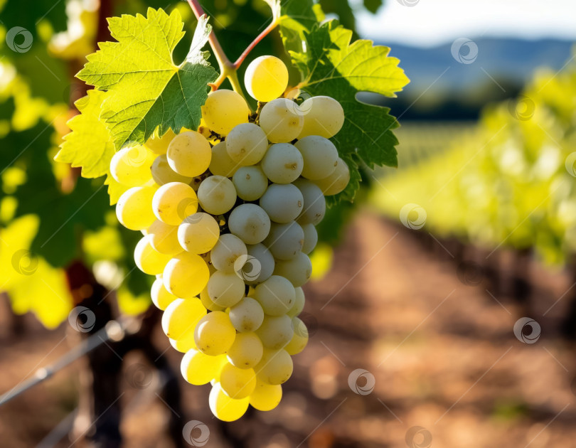 Скачать Гроздь белого винограда на винограднике крупным планом. Сельское хозяйство и виноделие. Создано с помощью искусственного интеллекта. фотосток Ozero