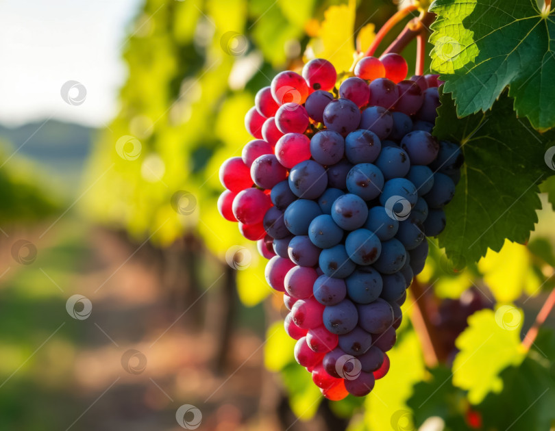 Скачать Виноградная гроздь на виноградной лозе в винограднике крупным планом. Сельское хозяйство. Создано искусственным интеллектом. фотосток Ozero