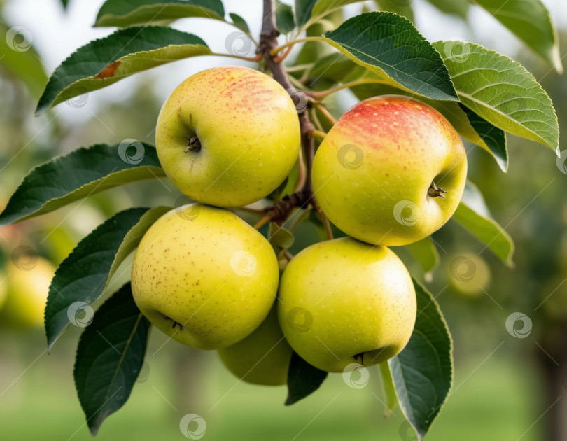Скачать Желтые яблоки на ветке в саду. Создан искусственный интеллект. фотосток Ozero
