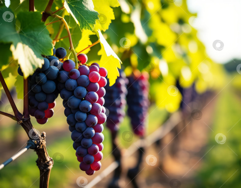 Скачать Виноградная гроздь на винограднике крупным планом. Сельское хозяйство и виноделие. Создано искусственным интеллектом. фотосток Ozero