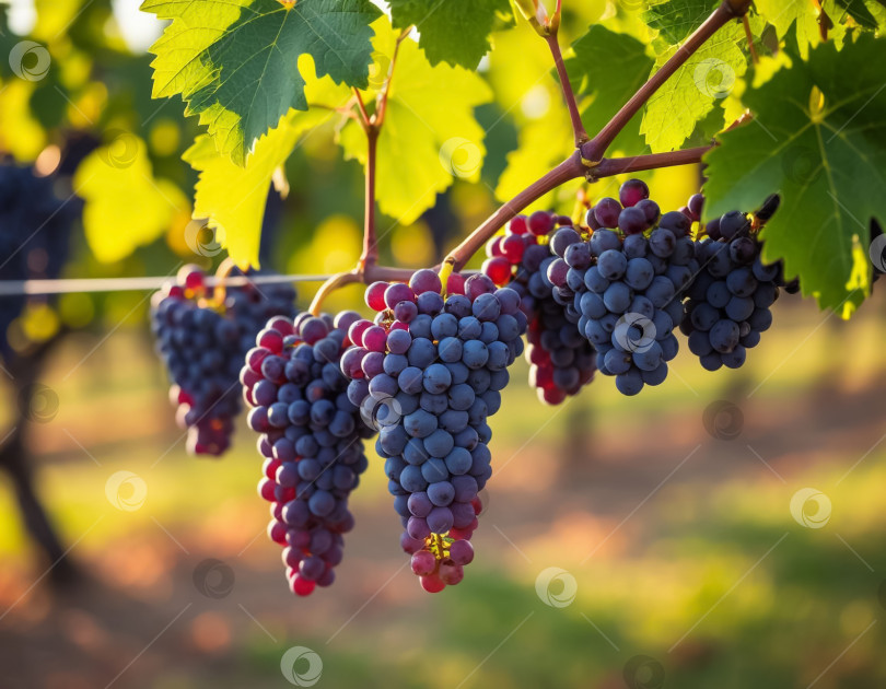 Скачать Виноградная гроздь на винограднике крупным планом. Сельское хозяйство и виноделие. Создано с помощью искусственного интеллекта. фотосток Ozero