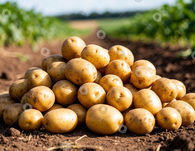 Скачать Груда картофеля на фоне фермерского поля, крупный план. Создан искусственный интеллект. фотосток Ozero