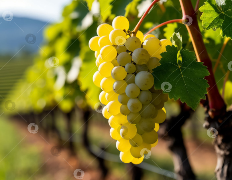 Скачать Гроздь белого винограда на винограднике крупным планом. Сельское хозяйство и виноделие. Создано с помощью искусственного интеллекта. фотосток Ozero