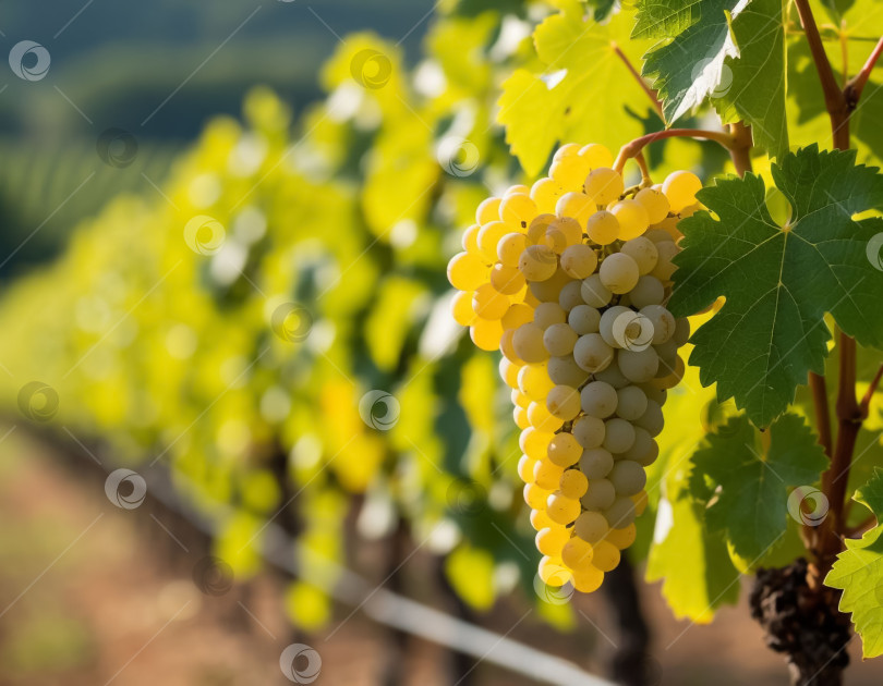 Скачать Гроздь белого винограда на винограднике крупным планом. Сельское хозяйство и виноделие. Создано с помощью искусственного интеллекта. фотосток Ozero