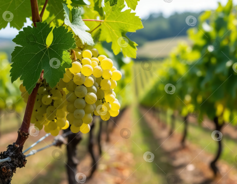 Скачать Гроздь белого винограда на винограднике крупным планом. Сельское хозяйство и виноделие. Создано с помощью искусственного интеллекта. фотосток Ozero