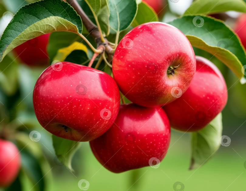 Скачать Красные яблоки на ветке в саду. Создан искусственный интеллект. фотосток Ozero