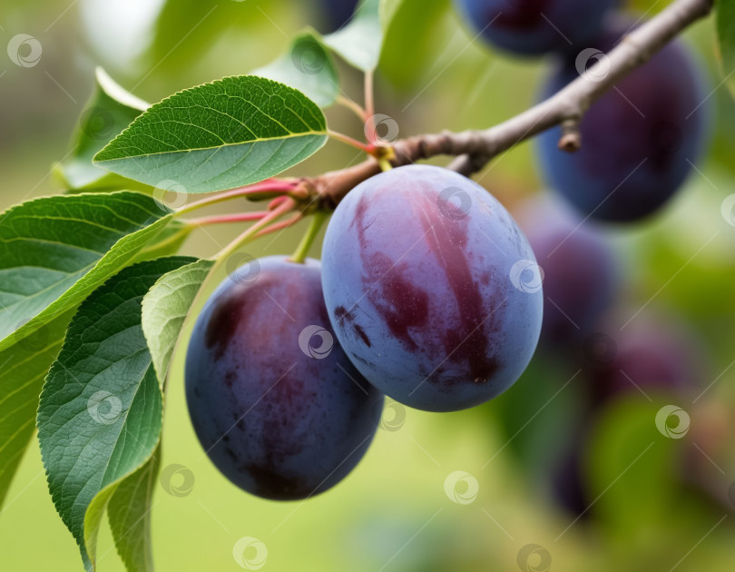 Скачать Спелые сливы на ветке в саду. Создано искусственным интеллектом. фотосток Ozero