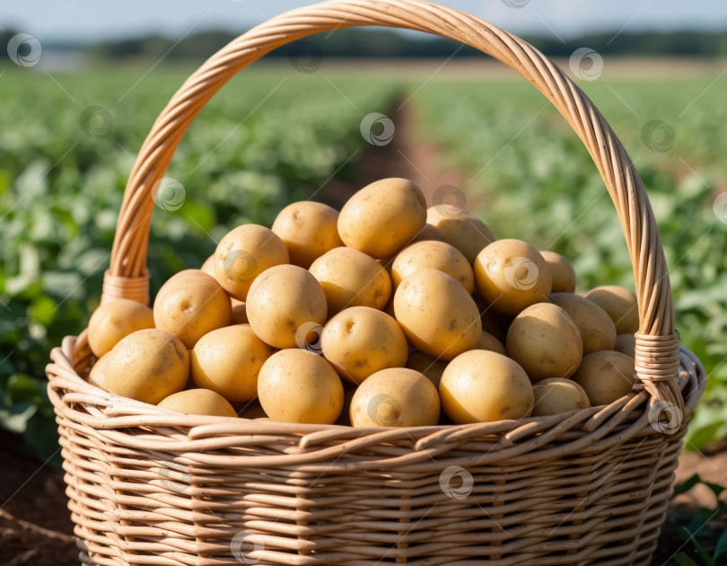 Скачать Картофель в корзине на фоне фермерского поля, крупный план. Создан искусственный интеллект. фотосток Ozero