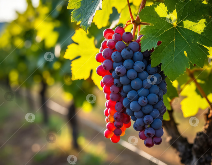 Скачать Виноградная гроздь на виноградной лозе в винограднике крупным планом. Сельское хозяйство. Создано искусственным интеллектом. фотосток Ozero