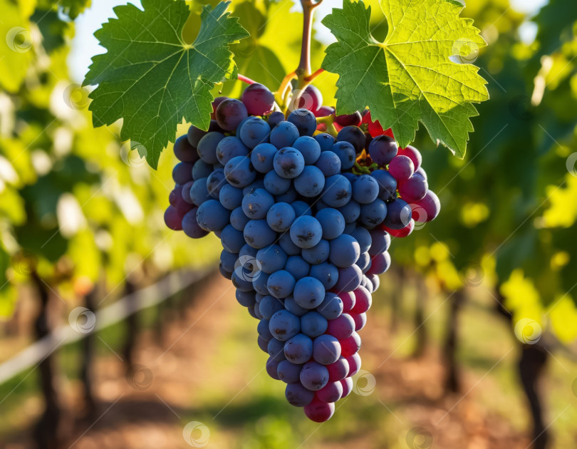 Скачать Виноградная гроздь на виноградной лозе в винограднике крупным планом. Сельское хозяйство. Создано искусственным интеллектом. фотосток Ozero