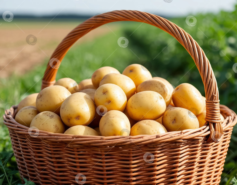 Скачать Картофель в корзине на фоне фермерского поля, крупный план. Создан искусственный интеллект. фотосток Ozero