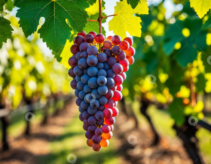 Скачать Виноградная гроздь на виноградной лозе в винограднике крупным планом. Сельское хозяйство. Создано искусственным интеллектом. фотосток Ozero