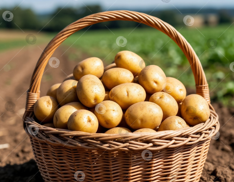 Скачать Картофель в корзине на фоне фермерского поля, крупный план. Создан искусственный интеллект. фотосток Ozero