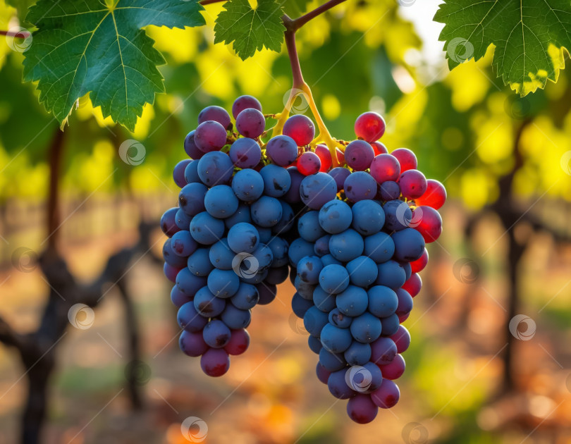 Скачать Виноградная гроздь на виноградной лозе в винограднике крупным планом. Сельское хозяйство. Создано искусственным интеллектом. фотосток Ozero