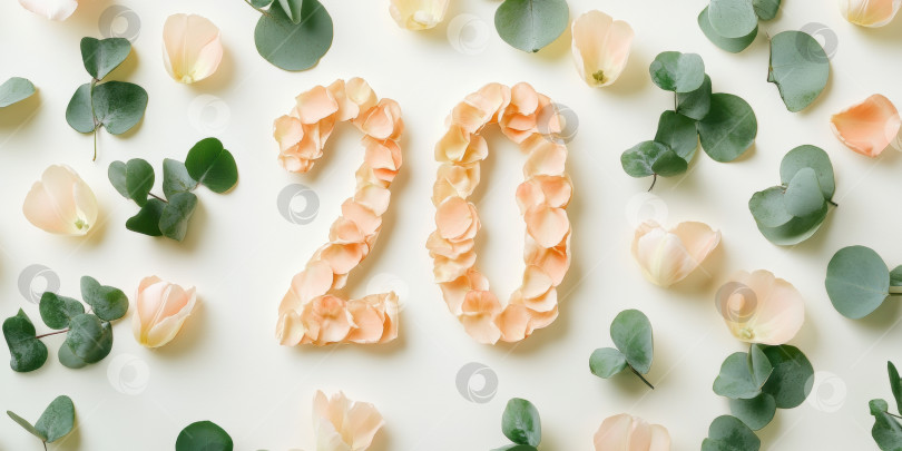 Скачать Нежно-розовые лепестки, образующие цифру 20 среди зеленых листьев эвкалипта, лежали ровным слоем. фотосток Ozero