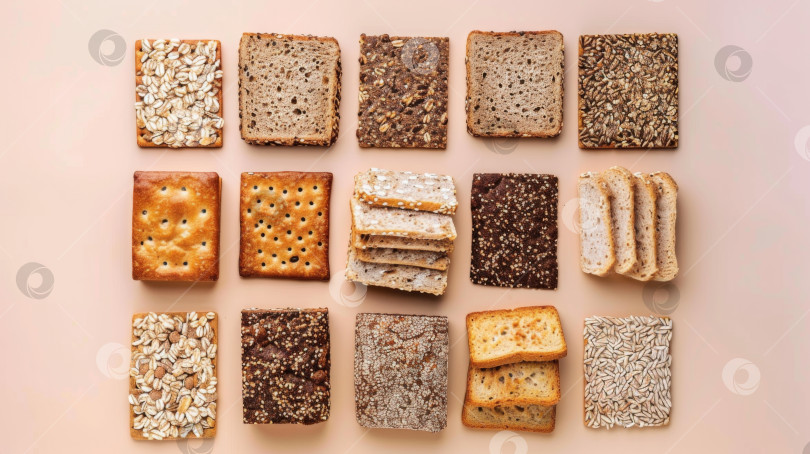 Скачать Ассортимент диетического хлеба, включая батон с семенами на бежевом фоне фотосток Ozero