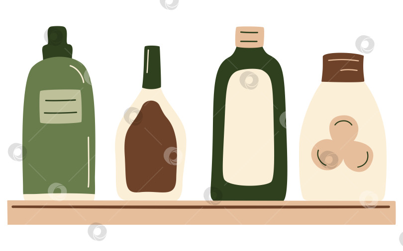 Скачать Абстрактный набор продуктов в бутылках, напитки, молоко, соки в упаковке, масло, соус на полке в ряд из супермаркета. Безотходная упаковка для экологичного дизайна. Векторная иллюстрация в органическом плоском стиле. фотосток Ozero