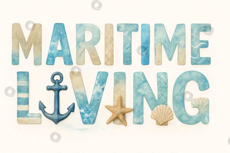 Скачать Надпись Maritime living в морской тематике с якорем и ракушками фотосток Ozero