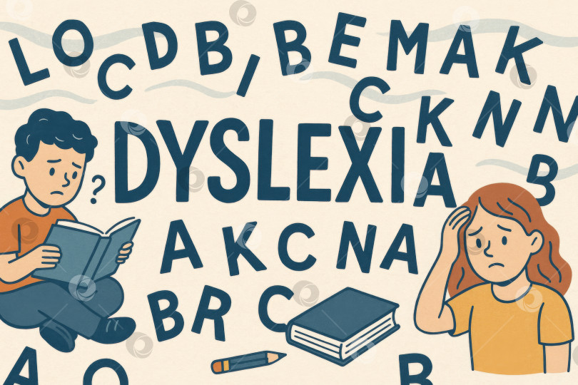 Скачать Концептуальная иллюстрация дислексии с буквами, детьми и книгой на образовательную тематику фотосток Ozero