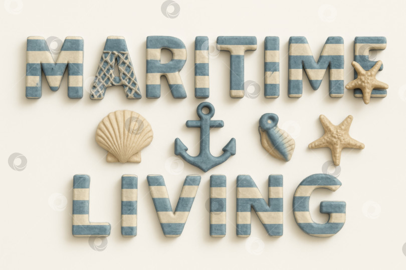 Скачать Надпись Maritime living в морской тематике с якорем и ракушками фотосток Ozero
