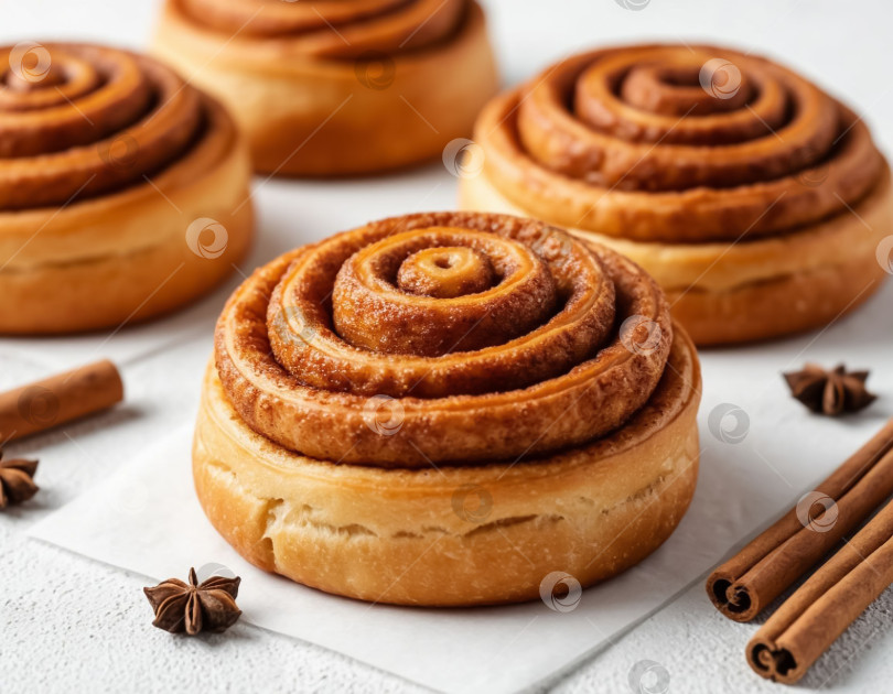 Скачать Свежие домашние булочки, выпечка ручной работы на белом столе. Создан искусственный интеллект. фотосток Ozero