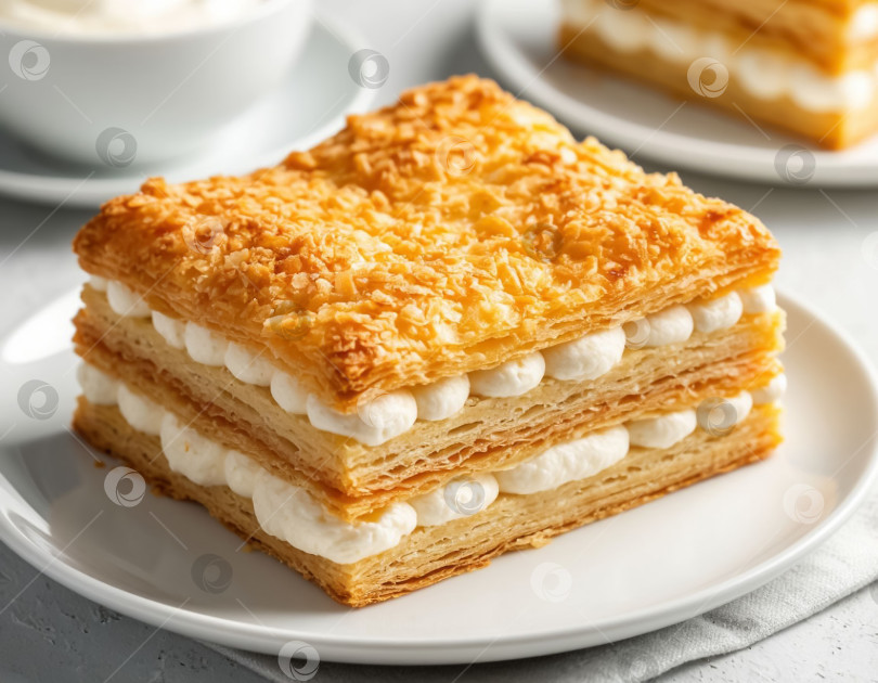 Скачать Пирожные из слоеного теста с кремом на белом фоне. Создан искусственный интеллект. фотосток Ozero