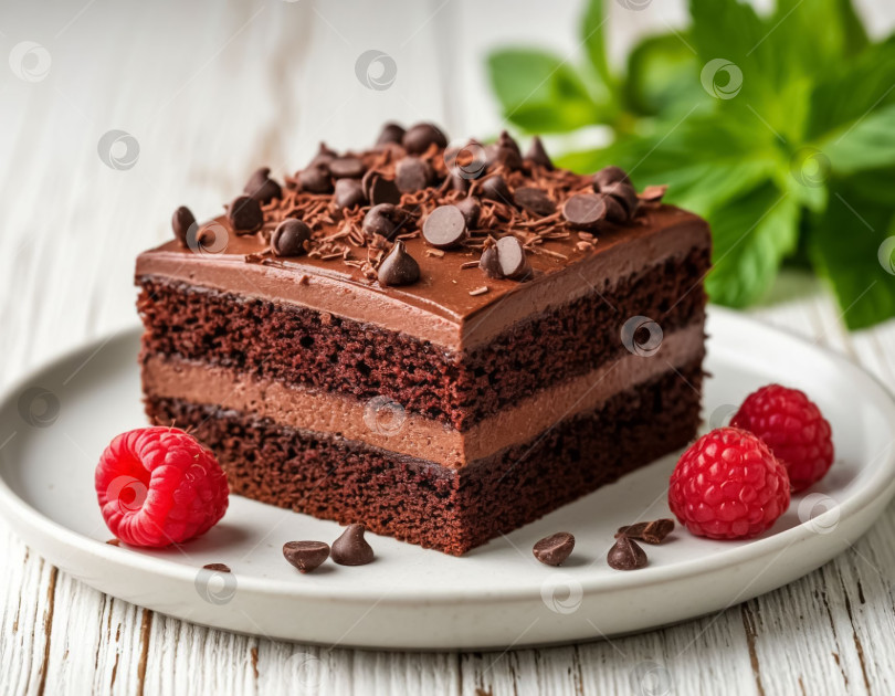 Скачать Шоколадный торт на тарелке. Создан искусственный интеллект. фотосток Ozero