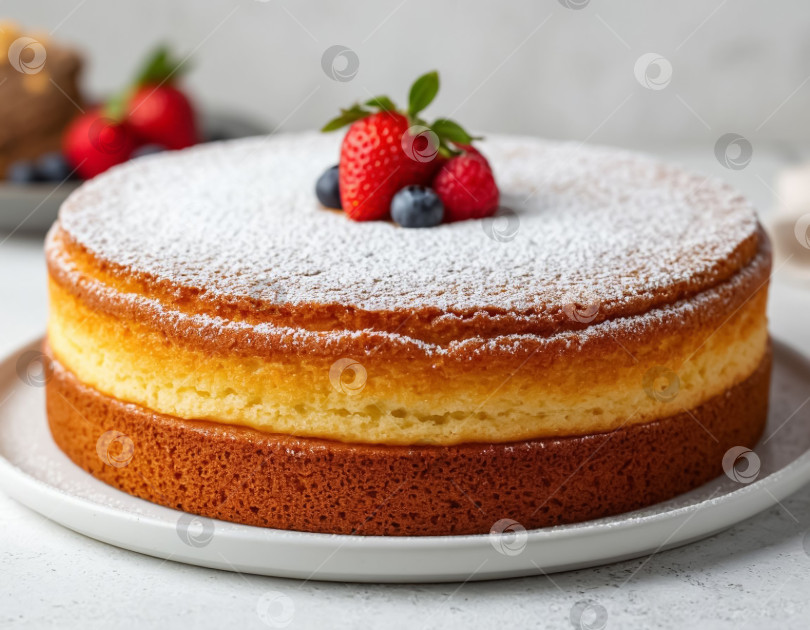 Скачать Бисквитный торт на белом столе. Создан искусственный интеллект. фотосток Ozero