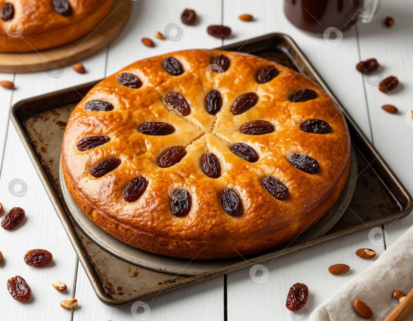 Скачать Пирог с изюмом на столе. Создан искусственный интеллект. фотосток Ozero