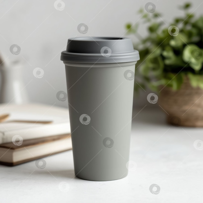 Скачать Термокружка с крышкой на белом фоне. Создан искусственный интеллект. фотосток Ozero